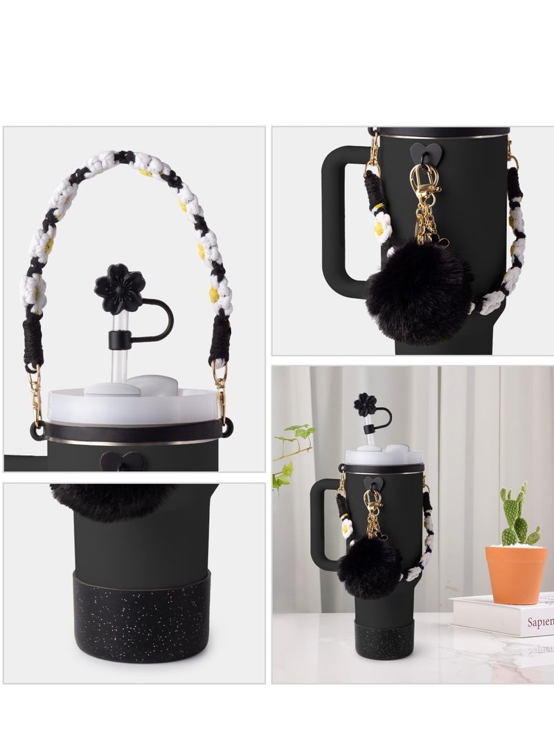 7Pcs Black Stanley Cup Accessories Set - Water Bottle Handle Strap, Silicone Flower Straw Topper Cover Cap, Silicone Stanley Boot, Pompom and Flower Charms for Stanley Cup Tumbler 30oz 40oz - Image 5