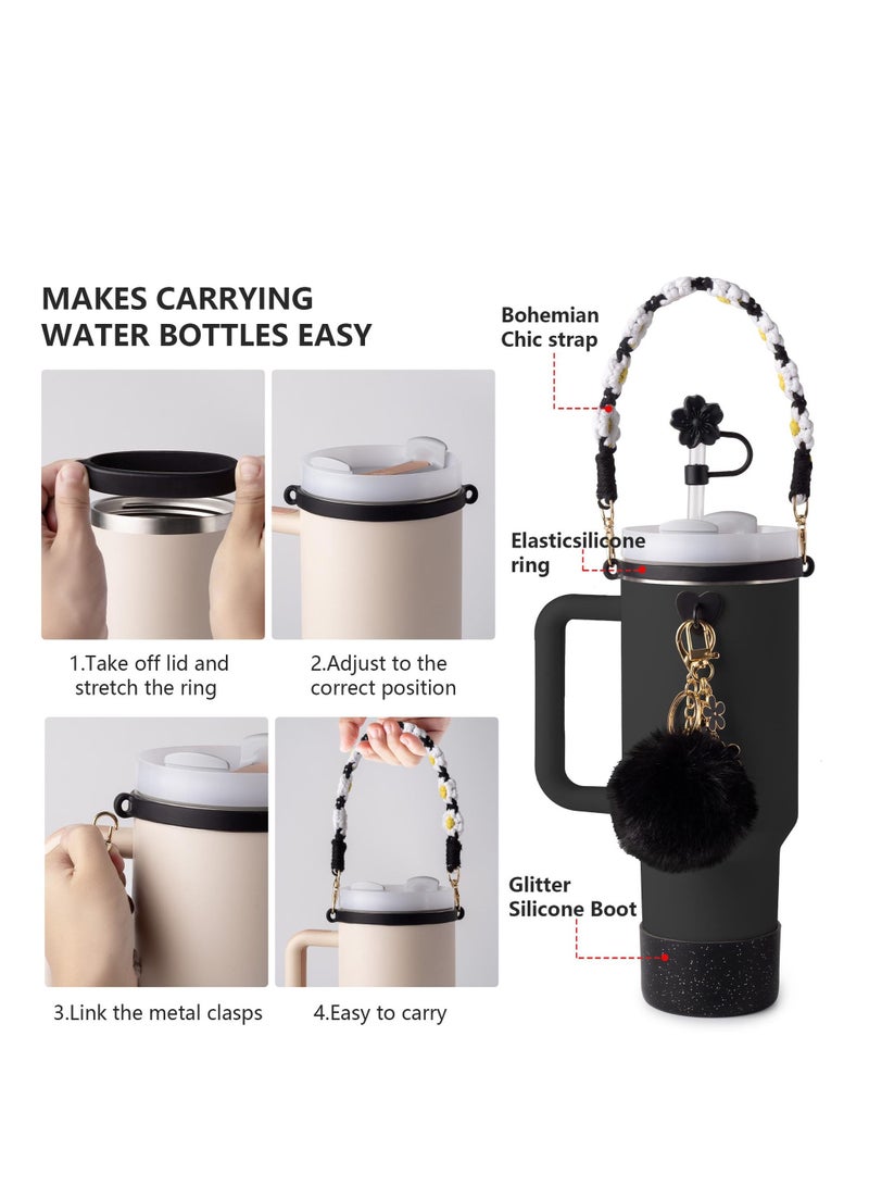 7Pcs Black Stanley Cup Accessories Set - Water Bottle Handle Strap, Silicone Flower Straw Topper Cover Cap, Silicone Stanley Boot, Pompom and Flower Charms for Stanley Cup Tumbler 30oz 40oz - Image 3