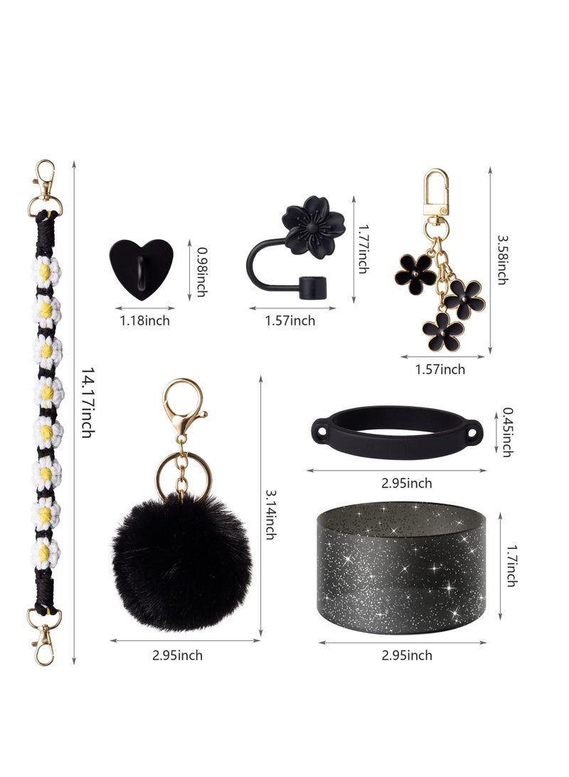 7Pcs Black Stanley Cup Accessories Set - Water Bottle Handle Strap, Silicone Flower Straw Topper Cover Cap, Silicone Stanley Boot, Pompom and Flower Charms for Stanley Cup Tumbler 30oz 40oz - Image 2