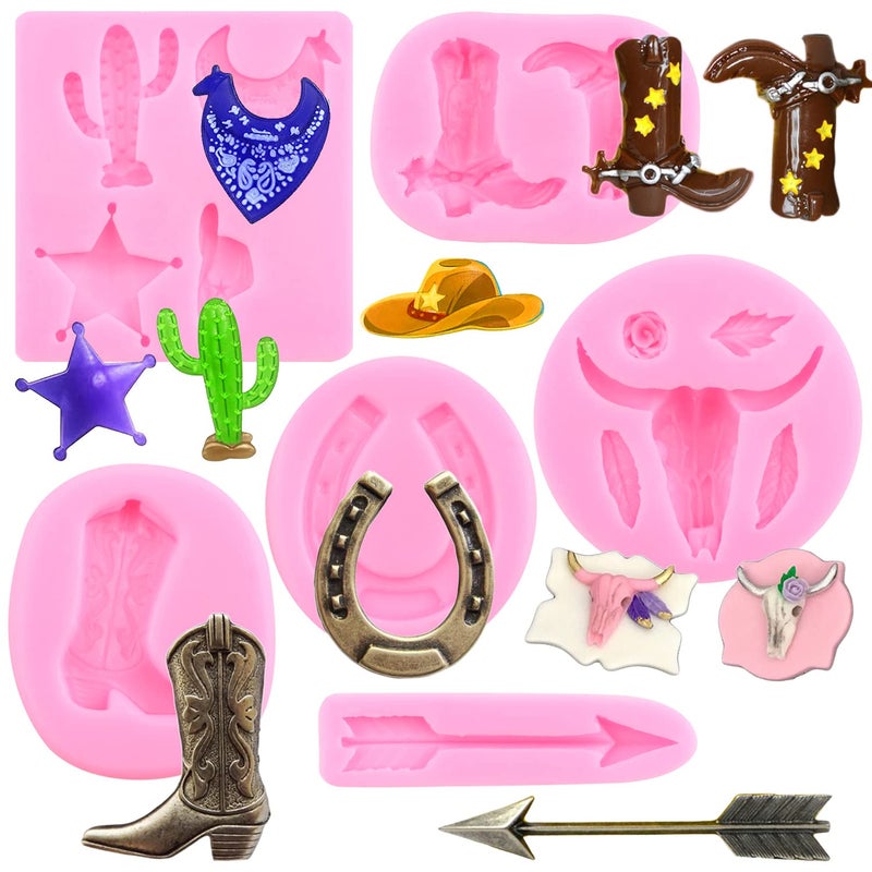 Mujiang Bull Head Silicone Molds Feather Arrow Cowboy Boots Horseshoe Hoof Fondant Mold Chocolate Cactus Star Shoe Mold For Candy Cake Decorating Cupcake Topper Gum Paste Polymer Clay Set Of 6 - Image 1