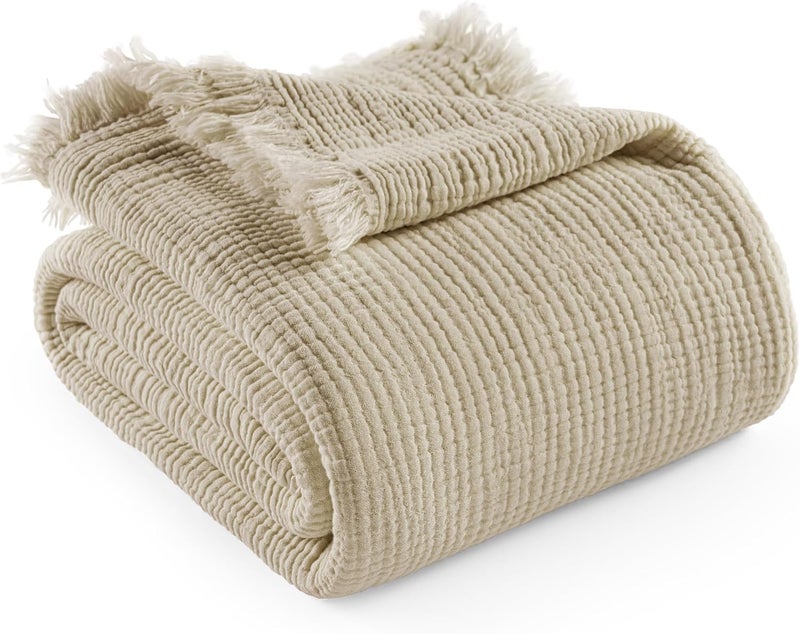 Exclusivo Mezcla Twin Size Cotton Muslin Blanket - 4 Layers Breathable and Lightweight Gauze Bedspread, 60"x80", Beige - Image 2