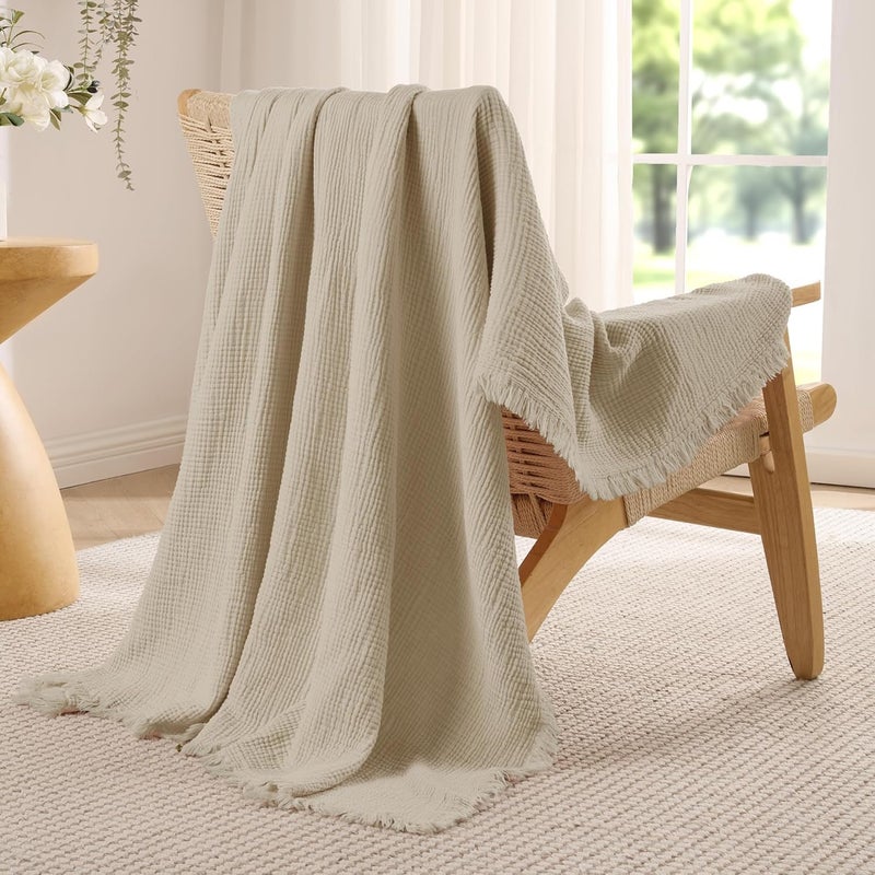 Exclusivo Mezcla Twin Size Cotton Muslin Blanket - 4 Layers Breathable and Lightweight Gauze Bedspread, 60"x80", Beige - Image 4