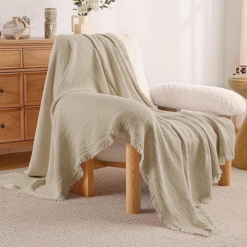 Exclusivo Mezcla Twin Size Cotton Muslin Blanket - 4 Layers Breathable and Lightweight Gauze Bedspread, 60"x80", Beige - Image 3