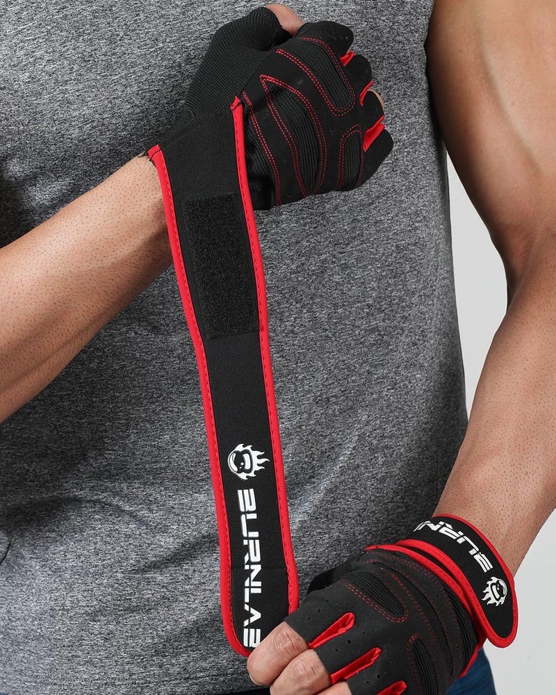 BURNLAB Gym Gloves with Wrist Support (Red, X-Large) - Image 1