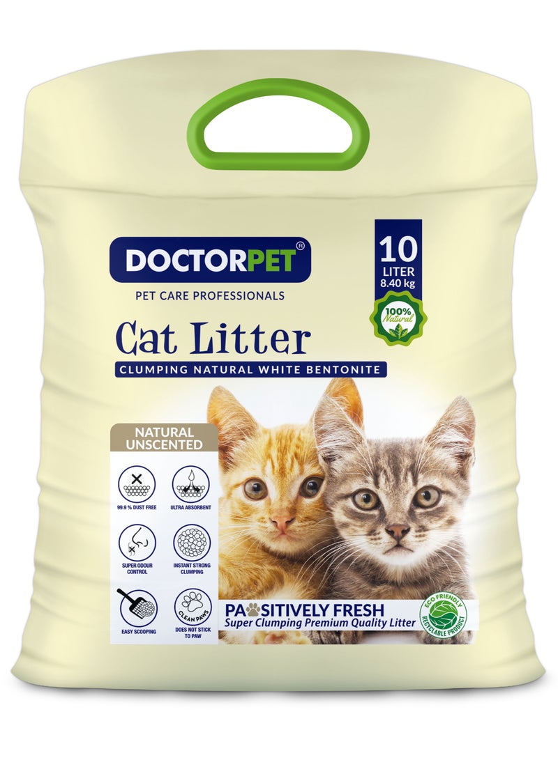 DOCTERPET Doctor Pet Cat Litter Unscented 10L – 100% Natural Clumping Bentonite, Ultra Absorbent,Easy Scooping, Dust-Free, Odor Control, Easy Scooping, Hypoallergenic & Non-Stick Paw Formula - Image 1