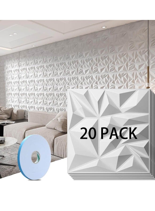 Tiokkss 20-Pack 3D Wall Panels for Interior Wall Decor, Modern Diamond Textured Accent Wall Paneling for Gaming Living Room TV Wall Background, 12 x 12 inch White  - Image 1