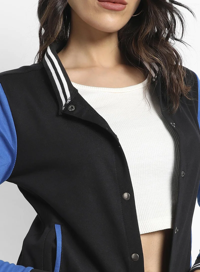 Campus Sutra Women's Black & Blue Button-Front Jacket With Contrast Sleeves