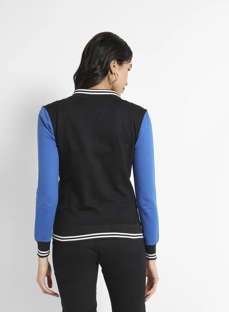 Campus Sutra Women's Black & Blue Button-Front Jacket With Contrast Sleeves