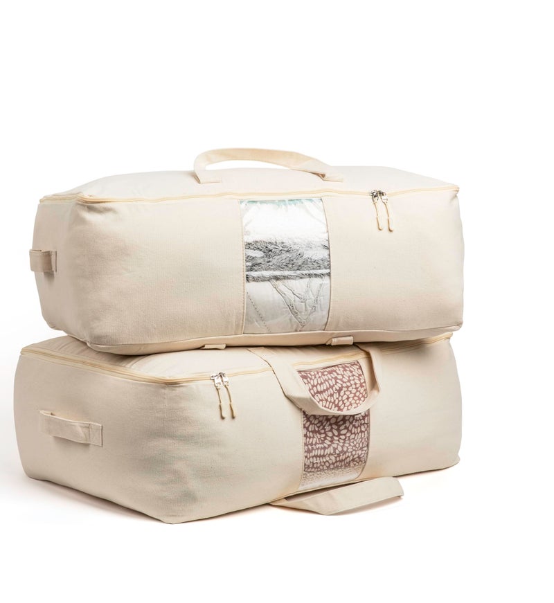 Soft Canvas Storage Bags with Zipper Thick Breathable 2pc KingQueen Comforter Organizer Four Carrying Handles and Window Large 25x19x9in Bag for Sheets Blankets Bedding Pillows Clothes