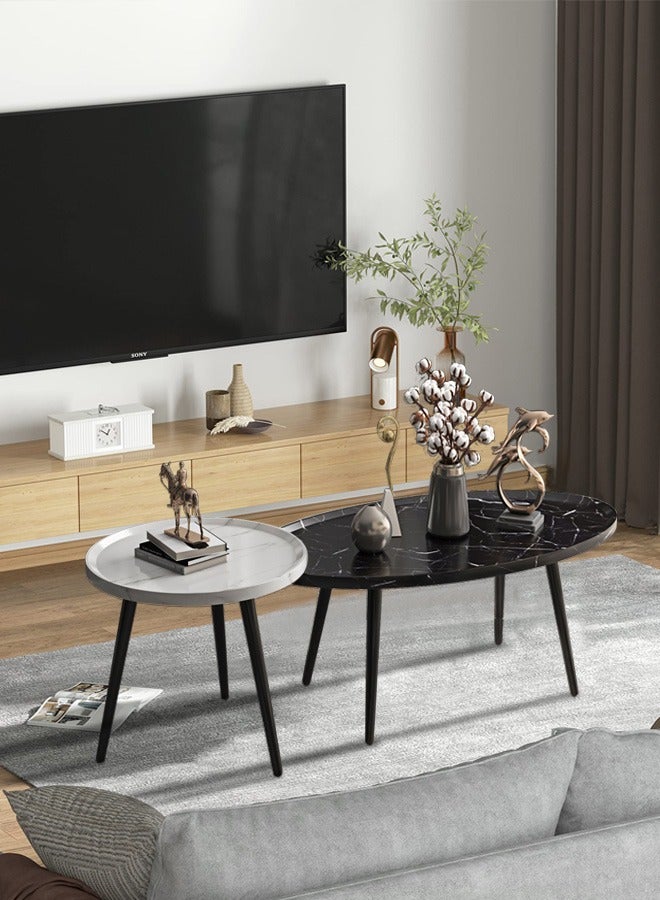 Sets of 2 Nordic Light Luxury Living Room Coffee Table Simple Modern Home Combination Small Table Hotel Creative Sofa Side Table Nesting Coffee Table with Sturdy Metal Frame(40CM White+80CM Black)