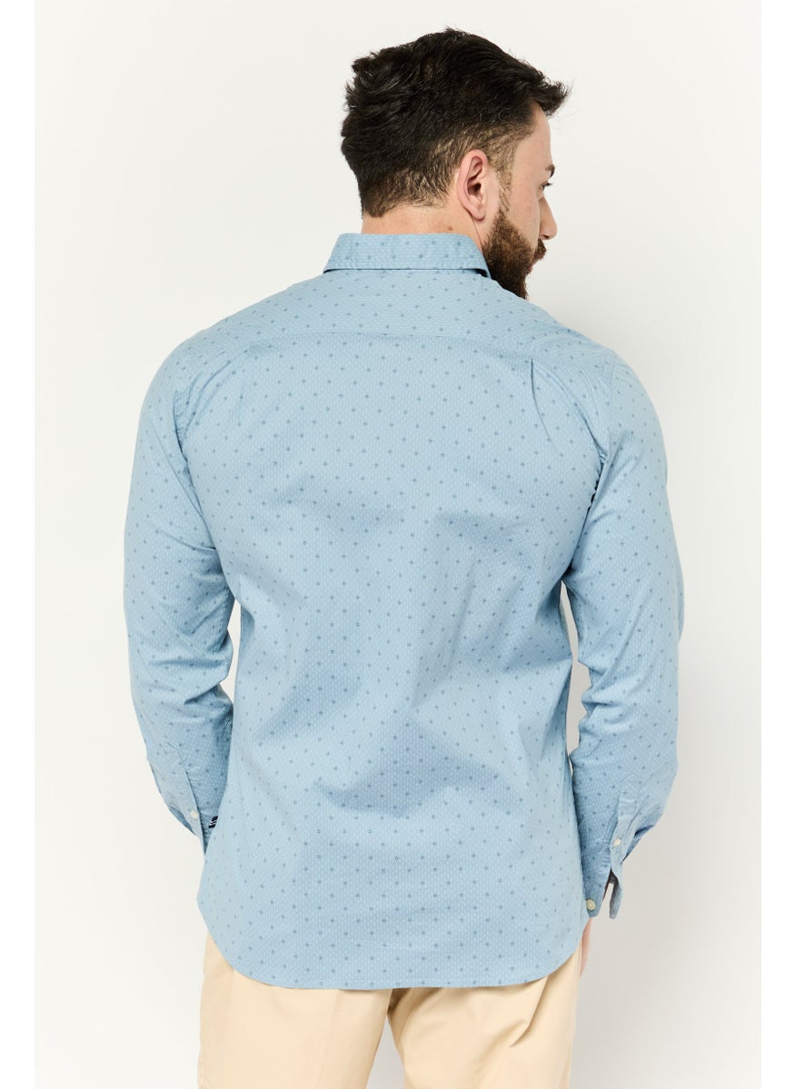 NAUTICA Men Slim Fit Allover Print Long Sleeves Casual Shirt, Light Blue  - Image 4