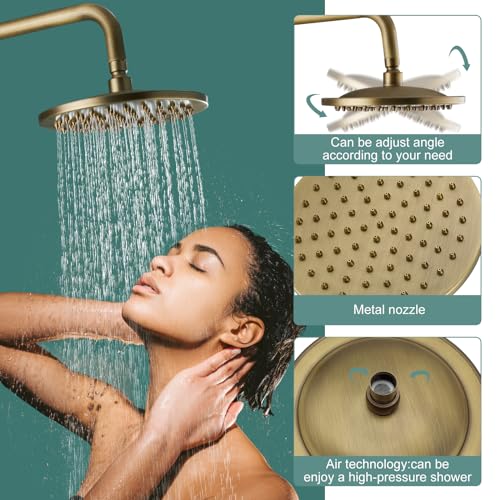 Heyalan Antique Brass Exposed Pipe Shower System 8 Inch Rainfall Shower Head Brass Fixture Combo Set Single Handle Handheld Sprayer Bathroom Shower Faucet Dual Functions - Image 5