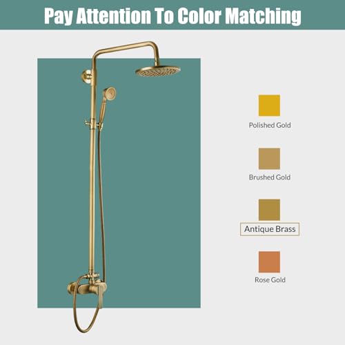 Heyalan Antique Brass Exposed Pipe Shower System 8 Inch Rainfall Shower Head Brass Fixture Combo Set Single Handle Handheld Sprayer Bathroom Shower Faucet Dual Functions - Image 4