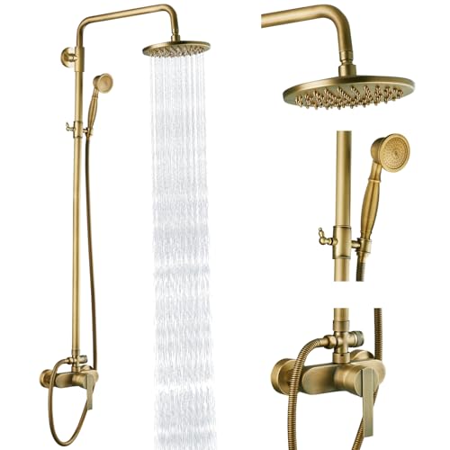 Heyalan Antique Brass Exposed Pipe Shower System 8 Inch Rainfall Shower Head Brass Fixture Combo Set Single Handle Handheld Sprayer Bathroom Shower Faucet Dual Functions - Image 1