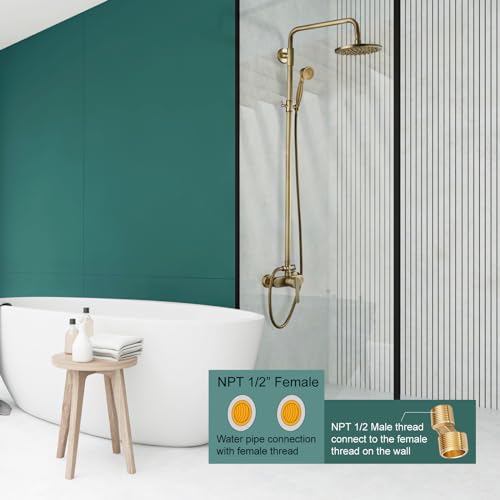 Heyalan Antique Brass Exposed Pipe Shower System 8 Inch Rainfall Shower Head Brass Fixture Combo Set Single Handle Handheld Sprayer Bathroom Shower Faucet Dual Functions - Image 2