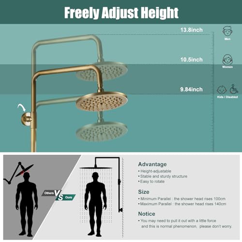 Heyalan Antique Brass Exposed Pipe Shower System 8 Inch Rainfall Shower Head Brass Fixture Combo Set Single Handle Handheld Sprayer Bathroom Shower Faucet Dual Functions - Image 3