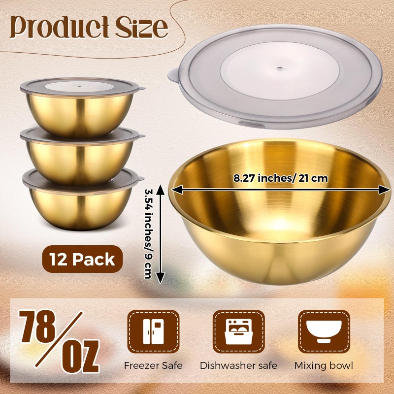 Nuogo 12 Pack 8.27 inches Gold Mixing Bowls with Airtight Lids Gold Serving Bowl Metal Salad Fruit Bowls Stainless Steel Soup Bowls Kitchen Accessories for Lunch Snack - Image 2