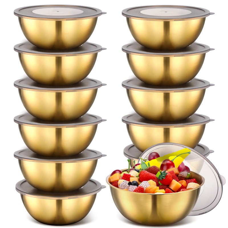 Nuogo 12 Pack 8.27 inches Gold Mixing Bowls with Airtight Lids Gold Serving Bowl Metal Salad Fruit Bowls Stainless Steel Soup Bowls Kitchen Accessories for Lunch Snack - Image 1