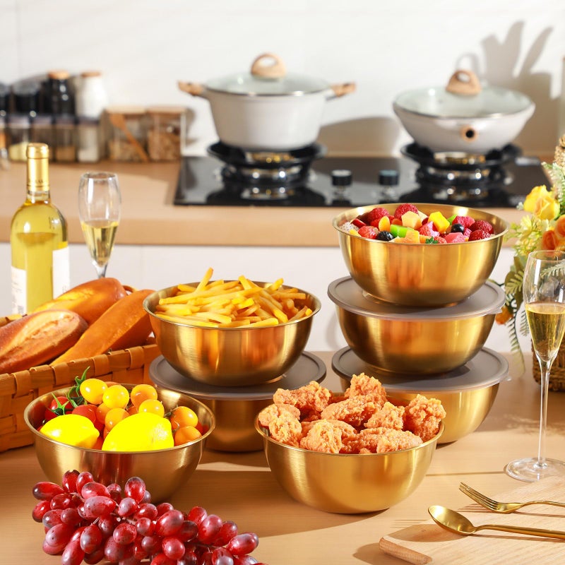 Nuogo 12 Pack 8.27 inches Gold Mixing Bowls with Airtight Lids Gold Serving Bowl Metal Salad Fruit Bowls Stainless Steel Soup Bowls Kitchen Accessories for Lunch Snack - Image 3