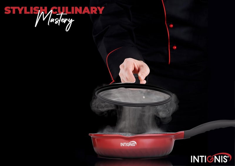 INTIGNIS Frying Pan Anti-Scratch Glass Lid - 28 cm Deep Sauté Pan, German Greblon Stone Coating - Induction Pan Chemical-Free (28 cm, Red) - Image 5