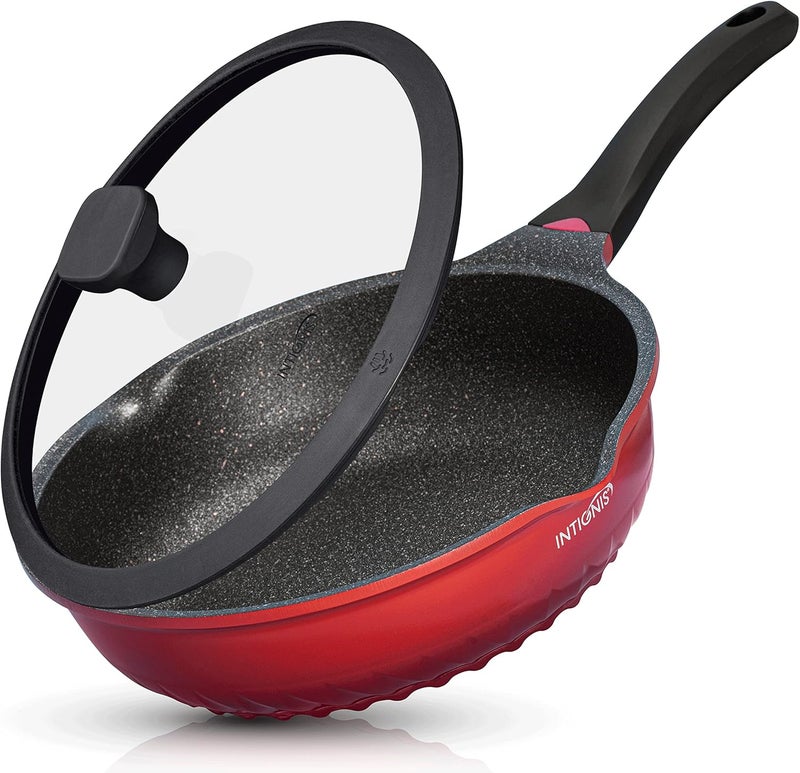 INTIGNIS Frying Pan Anti-Scratch Glass Lid - 28 cm Deep Sauté Pan, German Greblon Stone Coating - Induction Pan Chemical-Free (28 cm, Red) - Image 1