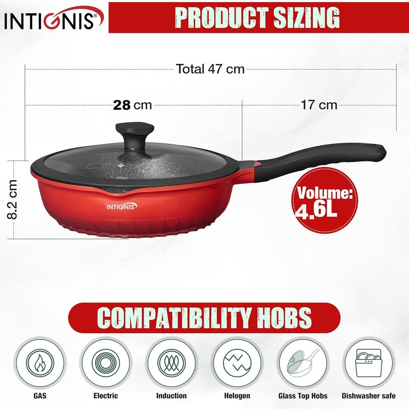 INTIGNIS Frying Pan Anti-Scratch Glass Lid - 28 cm Deep Sauté Pan, German Greblon Stone Coating - Induction Pan Chemical-Free (28 cm, Red) - Image 2