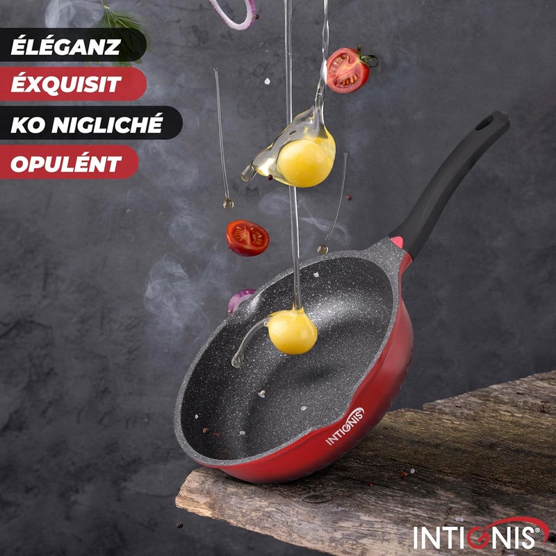 INTIGNIS Frying Pan Anti-Scratch Glass Lid - 28 cm Deep Sauté Pan, German Greblon Stone Coating - Induction Pan Chemical-Free (28 cm, Red) - Image 4