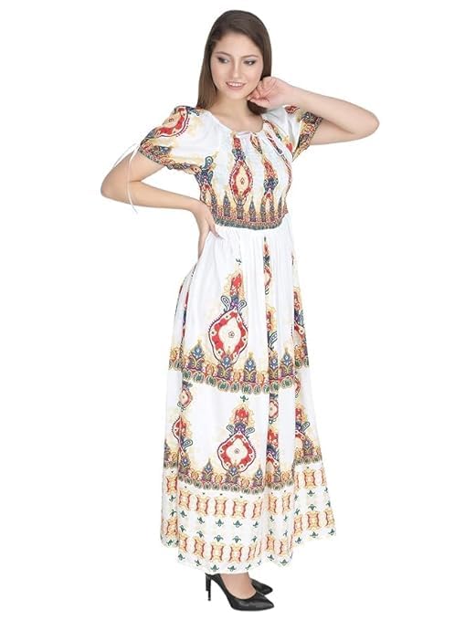 Ukal Floral Maxi Printed Rayon Half Sleeves Bobbin One Piece fit and Flare Dress tie dye Pattern Comfy Night Wear Gown for Women's and Girl's (White, L) - Image 1
