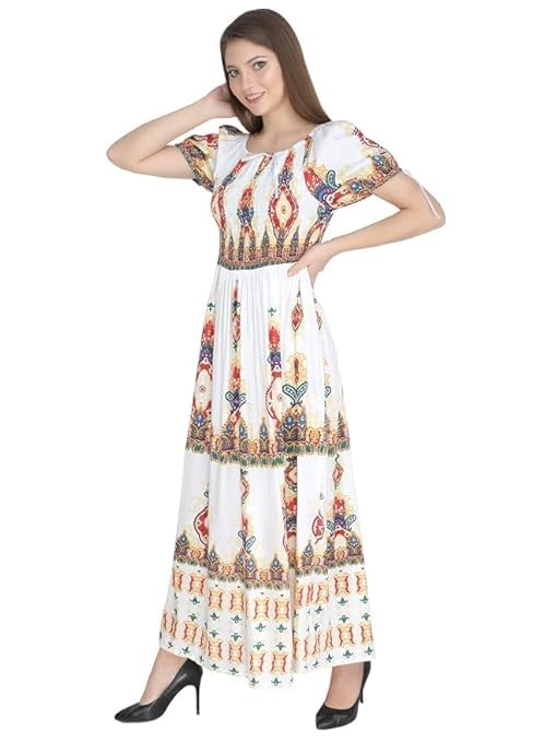Ukal Floral Maxi Printed Rayon Half Sleeves Bobbin One Piece fit and Flare Dress tie dye Pattern Comfy Night Wear Gown for Women's and Girl's (White, L) - Image 4