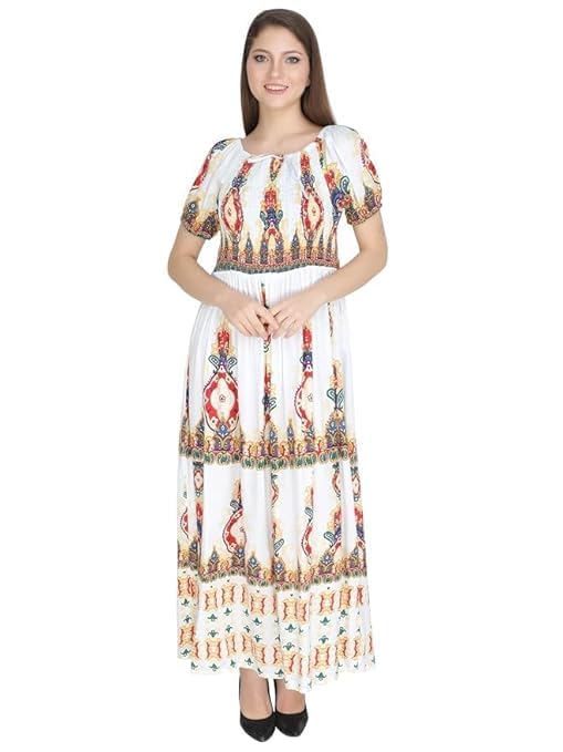 Ukal Floral Maxi Printed Rayon Half Sleeves Bobbin One Piece fit and Flare Dress tie dye Pattern Comfy Night Wear Gown for Women's and Girl's (White, L) - Image 3