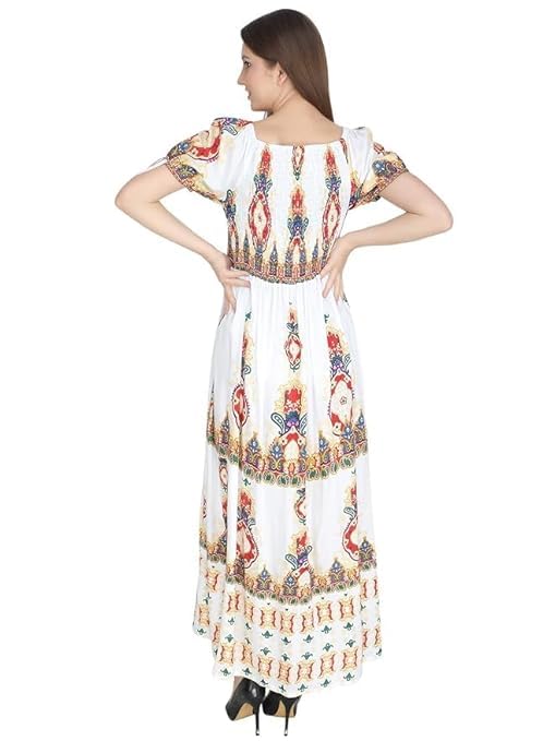 Ukal Floral Maxi Printed Rayon Half Sleeves Bobbin One Piece fit and Flare Dress tie dye Pattern Comfy Night Wear Gown for Women's and Girl's (White, L) - Image 2