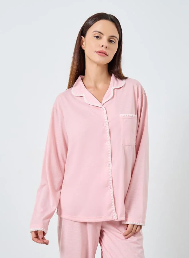 Styli Styli Pink Whipstitch Embroidery Edge Shirt and Pyjama Set