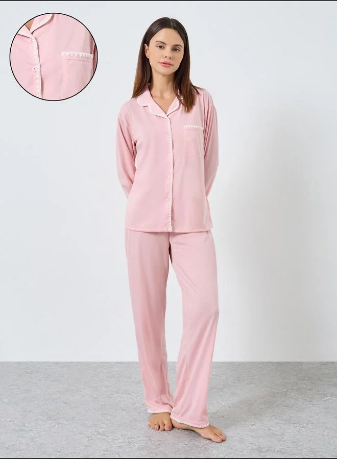 Styli Styli Pink Whipstitch Embroidery Edge Shirt and Pyjama Set