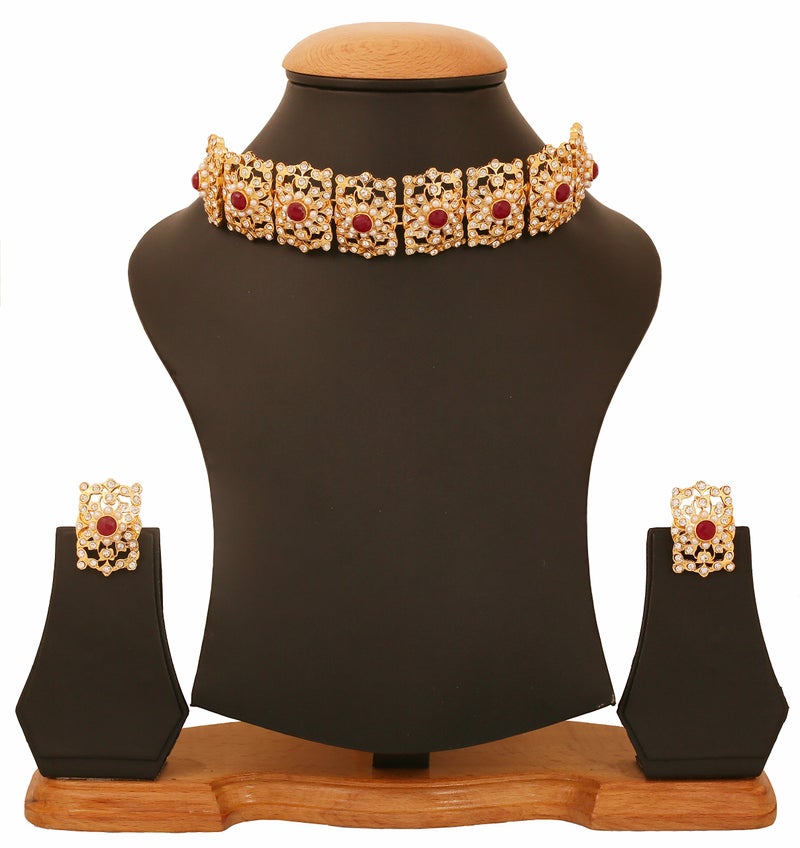Touchstone Mughal Jali Collection Indian Bollywood White Diamante Designer Choker Necklace Set Jewelry In Red Tone For Women - Image 4
