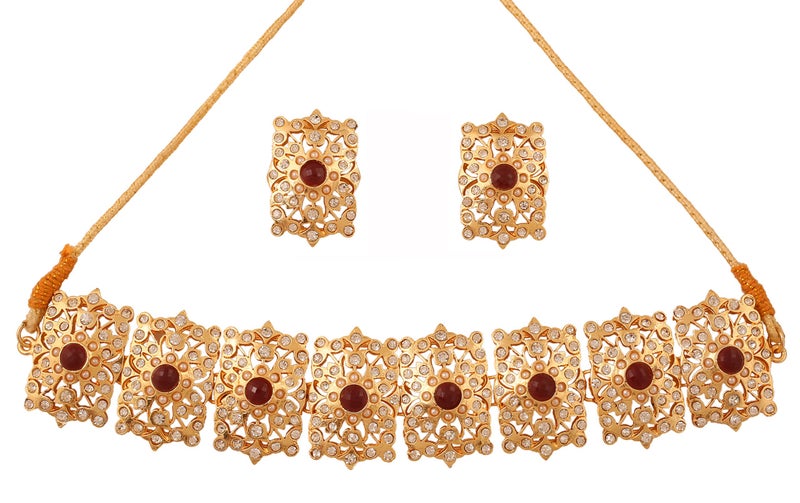 Touchstone Mughal Jali Collection Indian Bollywood White Diamante Designer Choker Necklace Set Jewelry In Red Tone For Women - Image 1