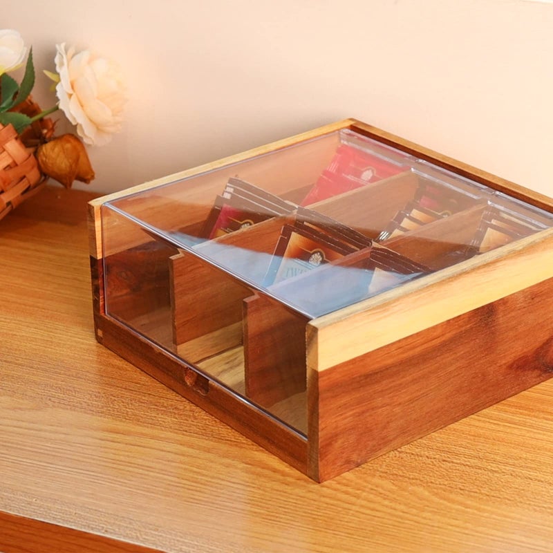 HTB Acacia Wood Tea Bag Organizer Storage, Gift Box 6 Compartments Tea Chest Box with Acrylic Transparent Hinged Lid - Image 5