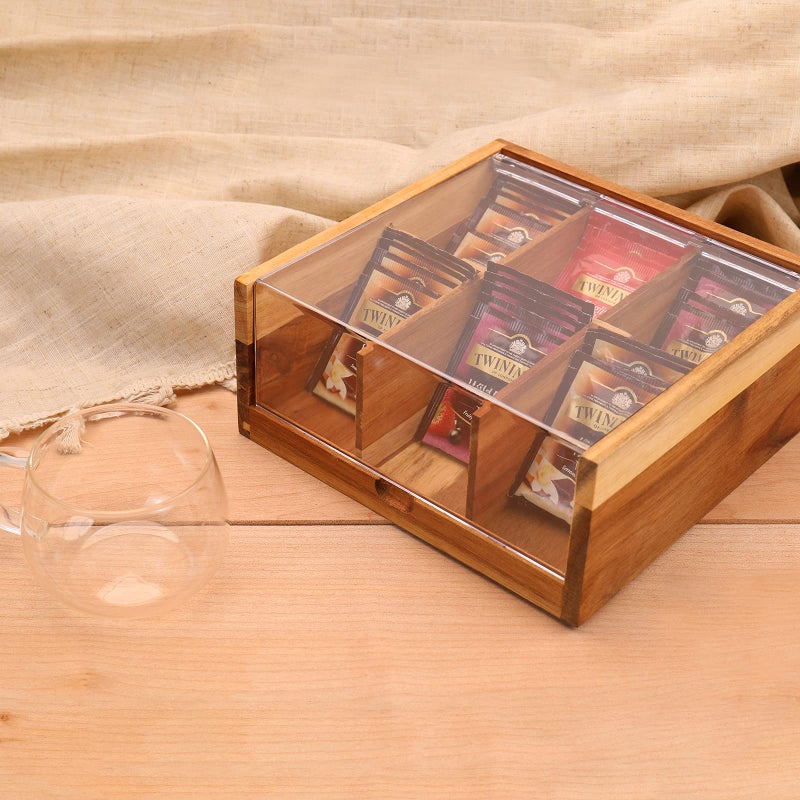 HTB Acacia Wood Tea Bag Organizer Storage, Gift Box 6 Compartments Tea Chest Box with Acrylic Transparent Hinged Lid - Image 2