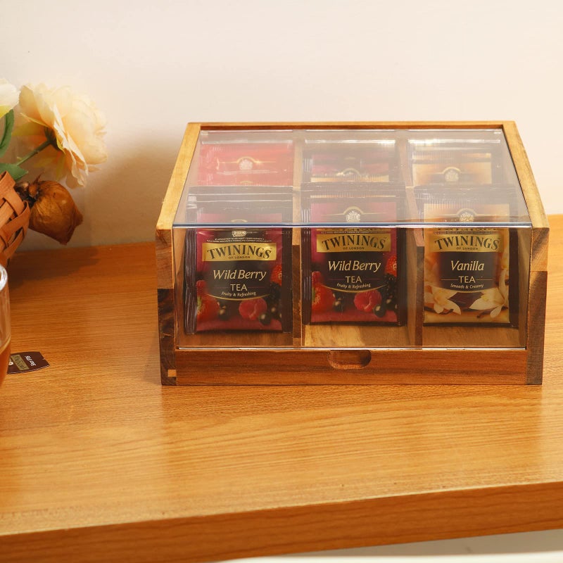 HTB Acacia Wood Tea Bag Organizer Storage, Gift Box 6 Compartments Tea Chest Box with Acrylic Transparent Hinged Lid - Image 3