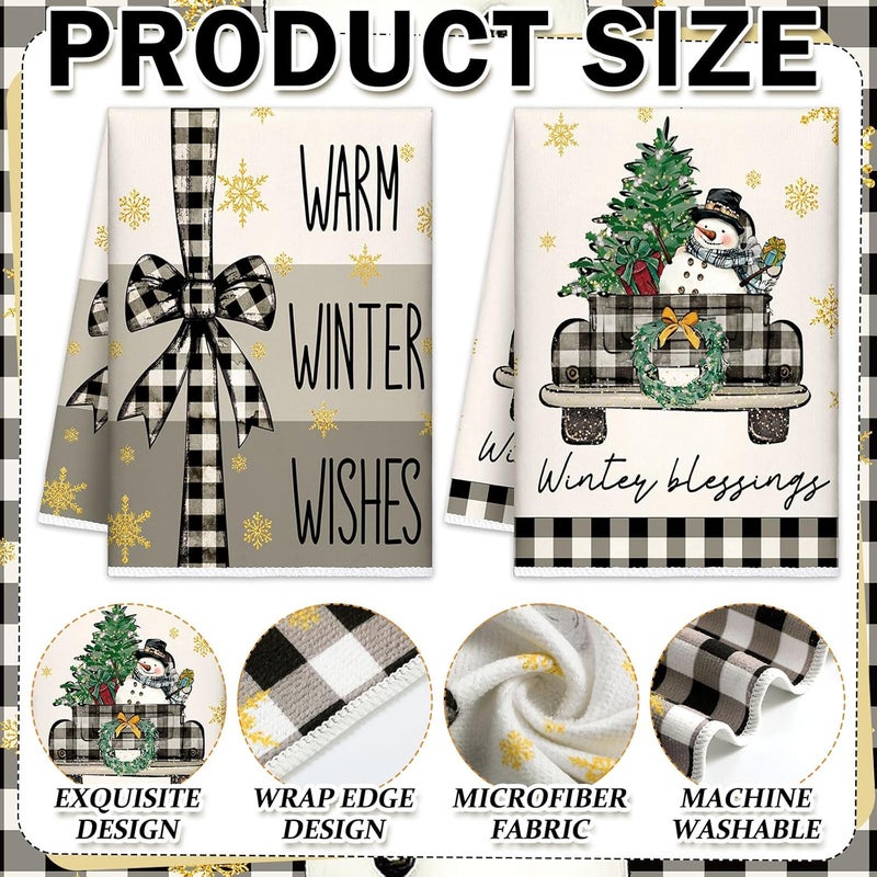 FuWeave 6 Pcs Winter Snowman Kitchen Towels Buffalo Plaid Gnome Dishtowels 21 x 14 Inch Absorbent Decorative Hello Winter Bathroom Hand Towel for Kitchen Bathroom Farmhouse Decor Gift - Image 3