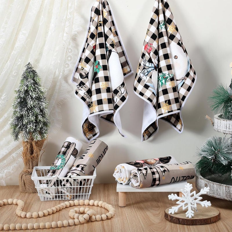 FuWeave 6 Pcs Winter Snowman Kitchen Towels Buffalo Plaid Gnome Dishtowels 21 x 14 Inch Absorbent Decorative Hello Winter Bathroom Hand Towel for Kitchen Bathroom Farmhouse Decor Gift - Image 2