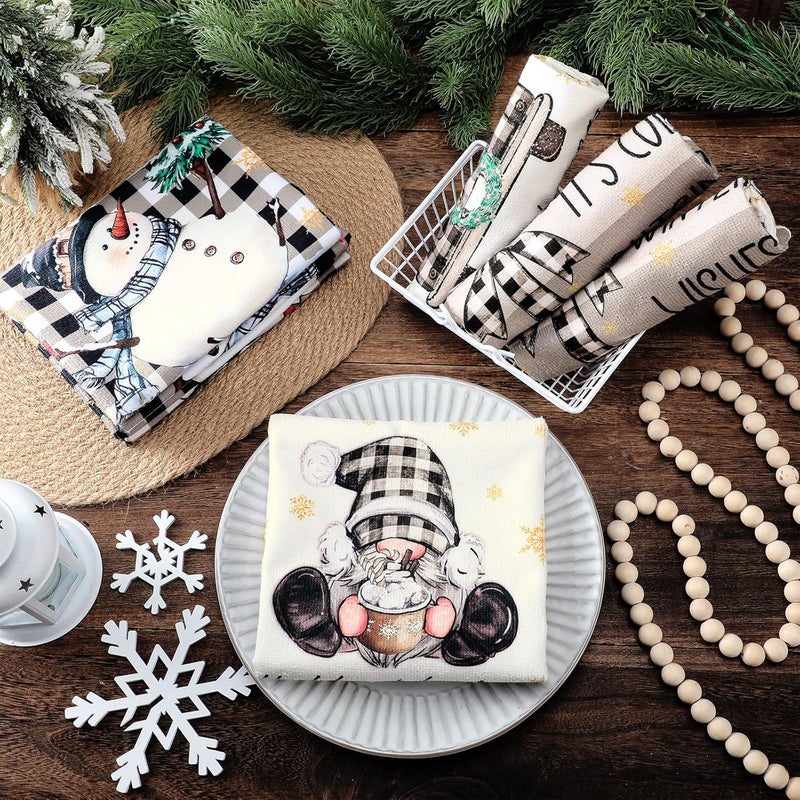 FuWeave 6 Pcs Winter Snowman Kitchen Towels Buffalo Plaid Gnome Dishtowels 21 x 14 Inch Absorbent Decorative Hello Winter Bathroom Hand Towel for Kitchen Bathroom Farmhouse Decor Gift - Image 5