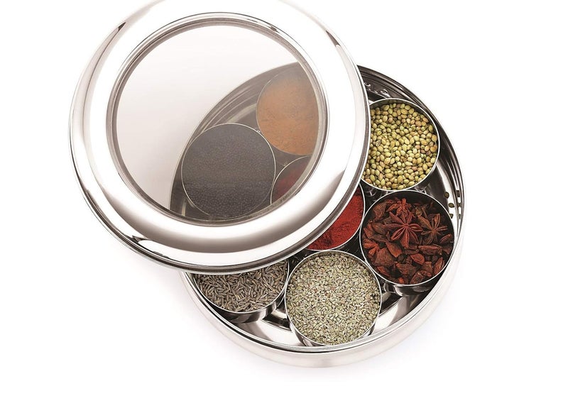Eddika Stainless Steel VIVO Spice BoxTin Masala Dabba with See Through lid 7 Masala Storage Containers with a Spoon 3 Litre Capacity Large Size - Image 4