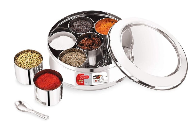 Eddika Stainless Steel VIVO Spice BoxTin Masala Dabba with See Through lid 7 Masala Storage Containers with a Spoon 3 Litre Capacity Large Size - Image 5