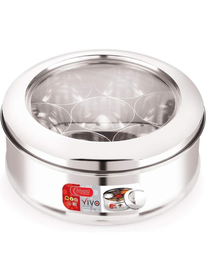 Eddika Stainless Steel VIVO Spice BoxTin Masala Dabba with See Through lid 7 Masala Storage Containers with a Spoon 3 Litre Capacity Large Size - Image 1