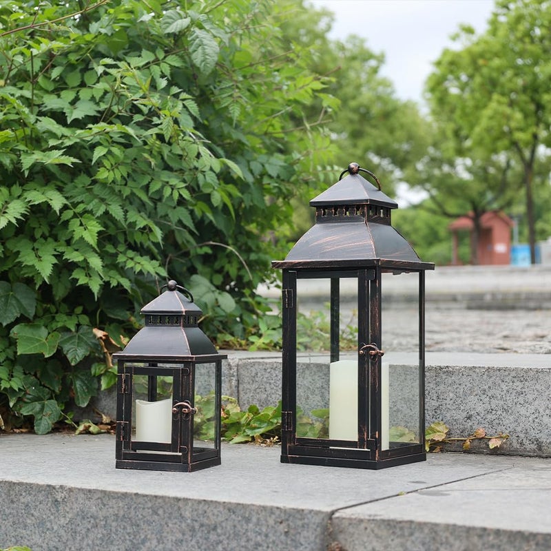 NEEDOMO Bronze Metal Lanterns Decorative Outdoor & Indoor, Set of 4 (17" & 10") with Glass, Candle Holder for Porch, Patio, Garden, Balcony, Wedding, Table Centerpiece Decorations - Image 4