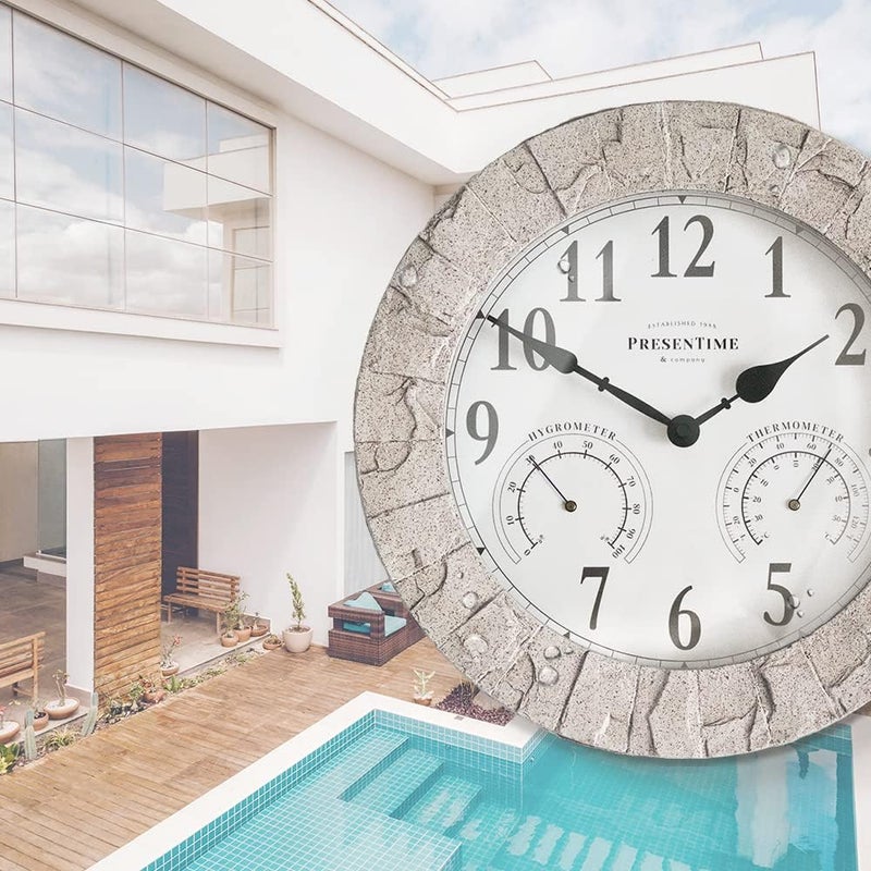 Presentime & Co Sandstone Outdoor Clock with Thermometer & Hygrometer as All in one Weather Station, 14", Coastal Sandstone Finish. Weather Thermometer, Outdoor Décor, Wall Décor. - Image 5