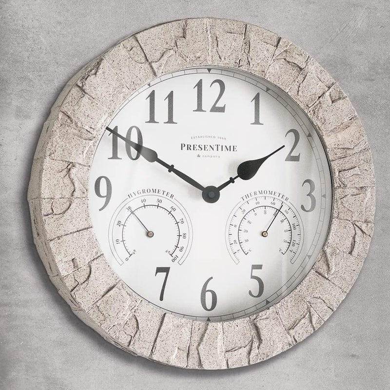 Presentime & Co Sandstone Outdoor Clock with Thermometer & Hygrometer as All in one Weather Station, 14", Coastal Sandstone Finish. Weather Thermometer, Outdoor Décor, Wall Décor. - Image 4