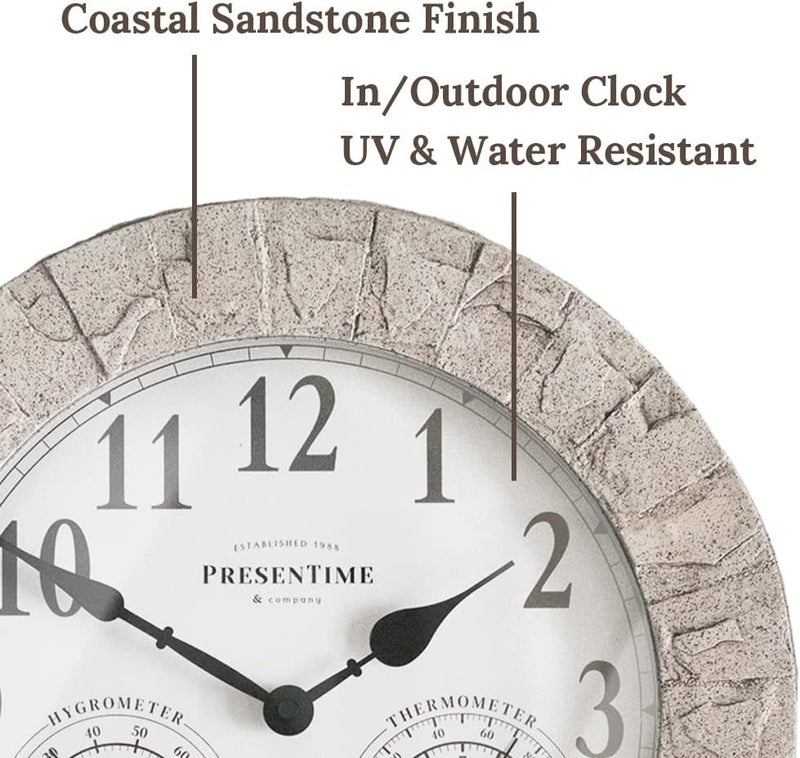 Presentime & Co Sandstone Outdoor Clock with Thermometer & Hygrometer as All in one Weather Station, 14", Coastal Sandstone Finish. Weather Thermometer, Outdoor Décor, Wall Décor. - Image 3