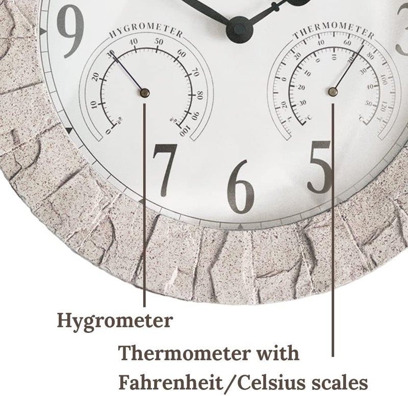 Presentime & Co Sandstone Outdoor Clock with Thermometer & Hygrometer as All in one Weather Station, 14", Coastal Sandstone Finish. Weather Thermometer, Outdoor Décor, Wall Décor. - Image 2