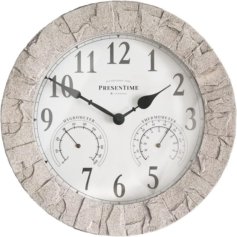 Presentime & Co Sandstone Outdoor Clock with Thermometer & Hygrometer as All in one Weather Station, 14", Coastal Sandstone Finish. Weather Thermometer, Outdoor Décor, Wall Décor. - Image 1